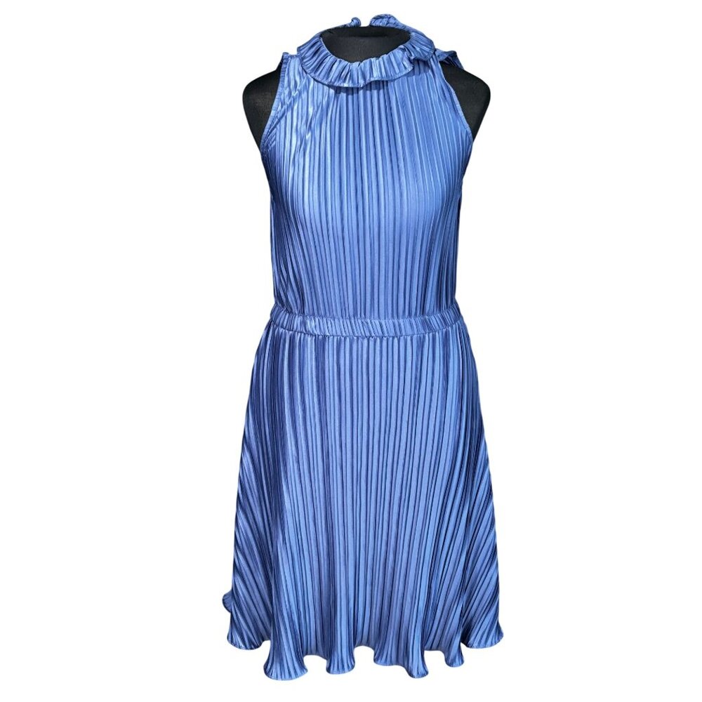 DKNY Womens Pleated Halter Dress Blue Keyhole Back Size 2 Polyester Sleeveless